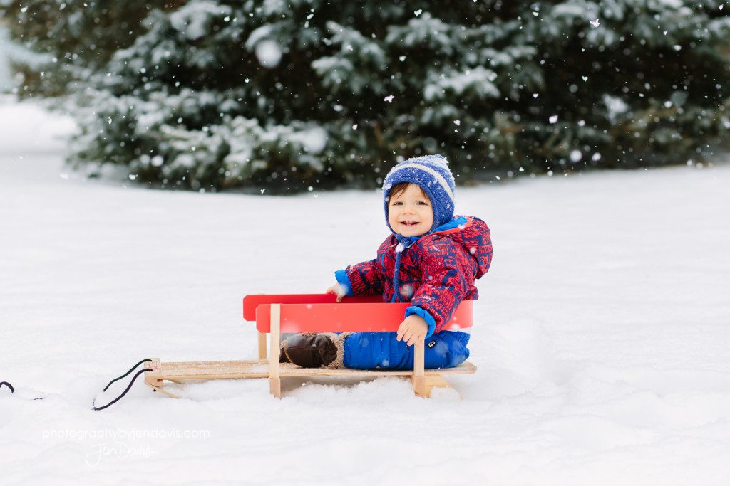 boy in sled in the snow