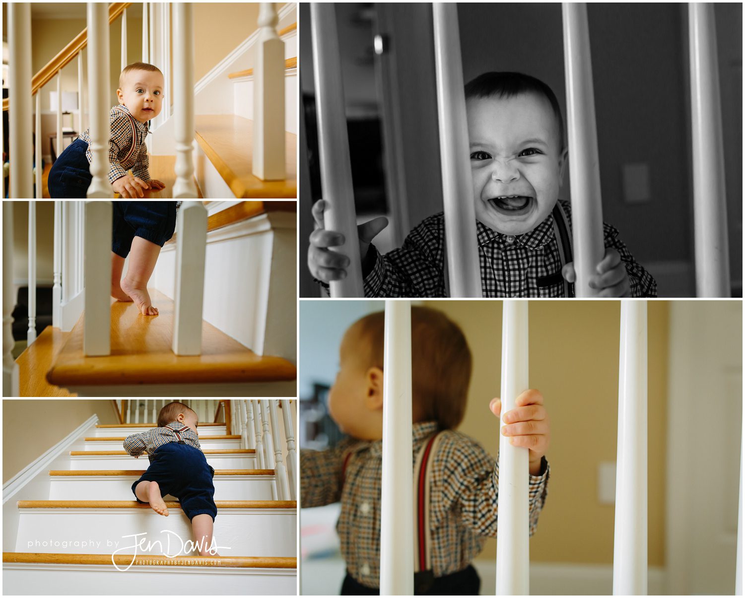 1 year old boy climbing up the stairs