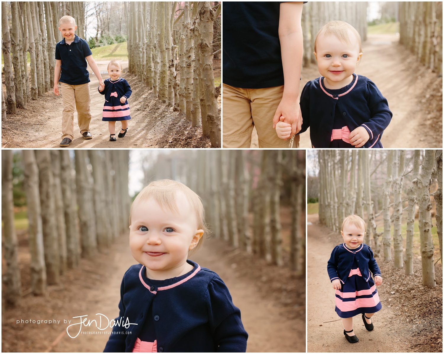 1 year old girl walking with brother smiling in the trees