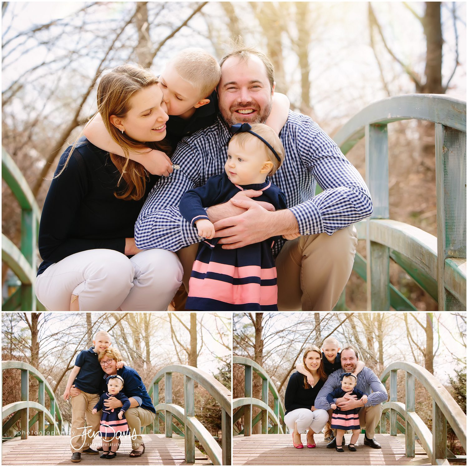 Family smiling on a bridge