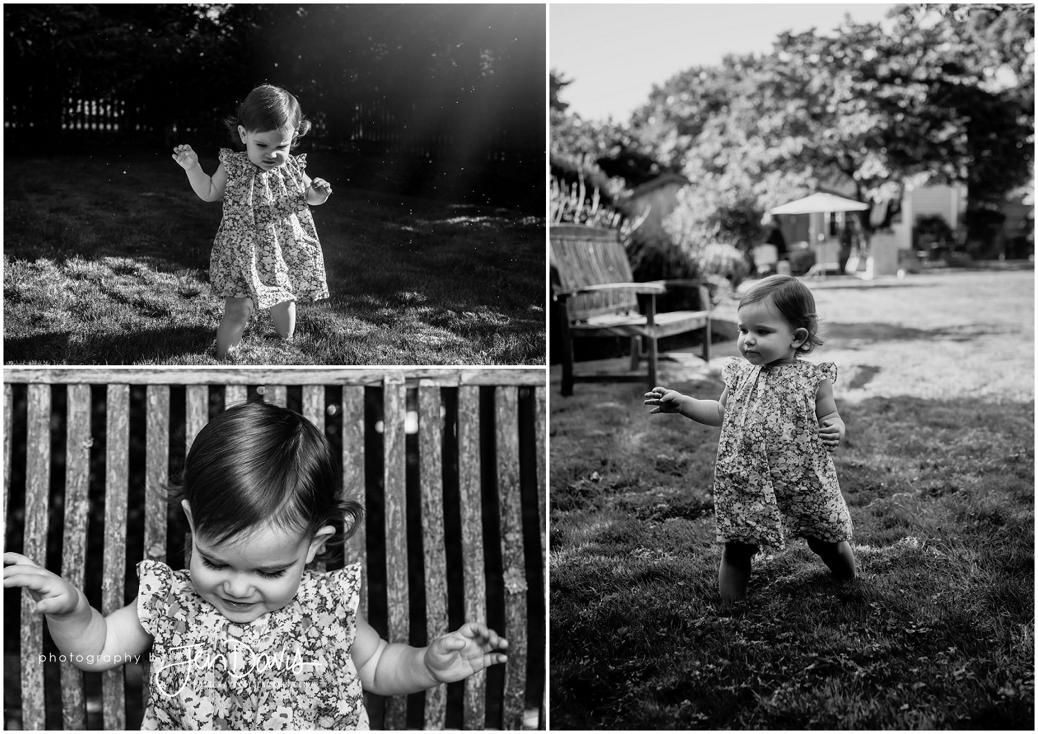 1 year old girl playing with mom and dad in backyard