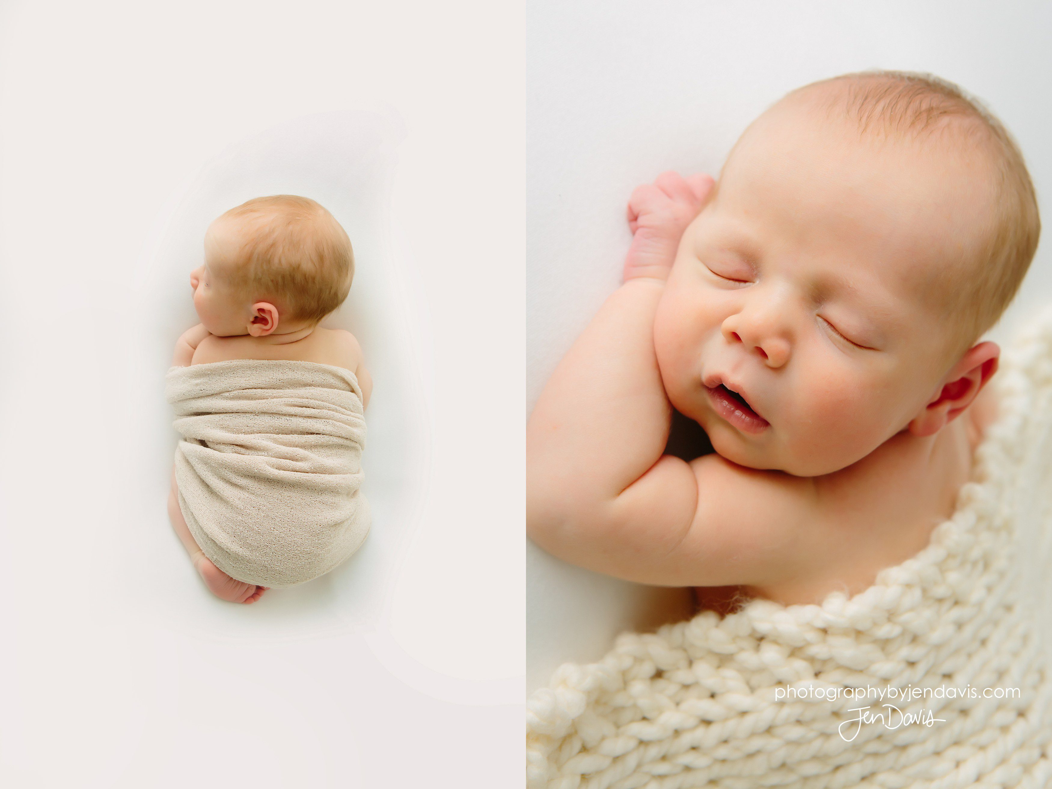newborn baby covered in cream blankets